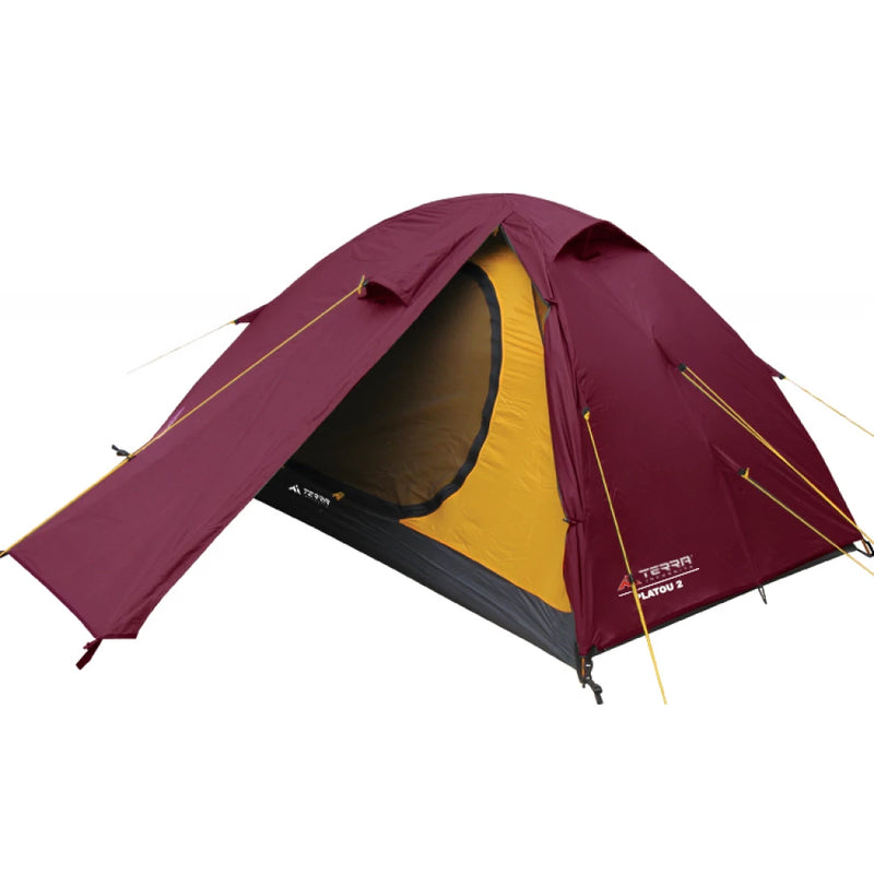 Load image into Gallery viewer, Cherry Platou 2 trekking tent with open vestibule, yellow interior.