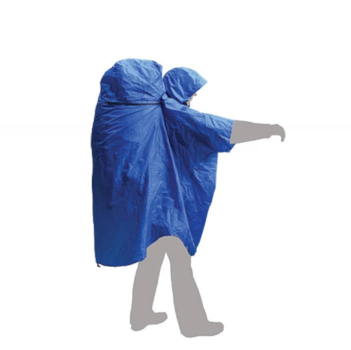 Load image into Gallery viewer, Blue waterproof rain cape covering a person and a large hiking backpack pouch