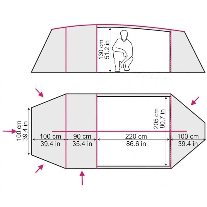 Load image into Gallery viewer, Technical drawing showing 130cm height and 220x205cm floor plan of Bravo 4 tent