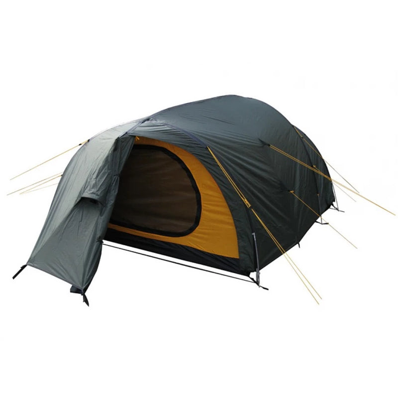 Load image into Gallery viewer, Green Bravo 4 tent with an open side entrance showing yellow Rip Stop inner wall