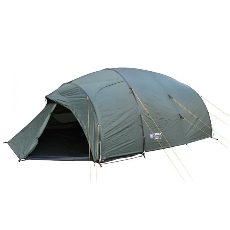 Load image into Gallery viewer, Green Bravo 4 tent with open vestibule and orange inner tent on white background