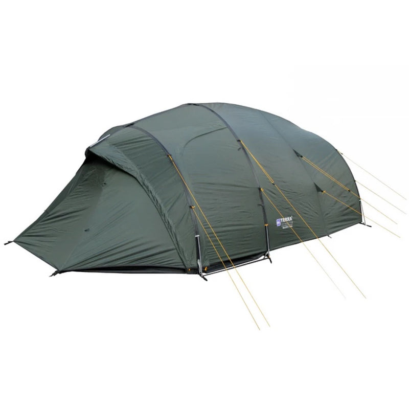 Load image into Gallery viewer, Green Bravo 4 expedition tent with closed entrances and tensioned guy lines