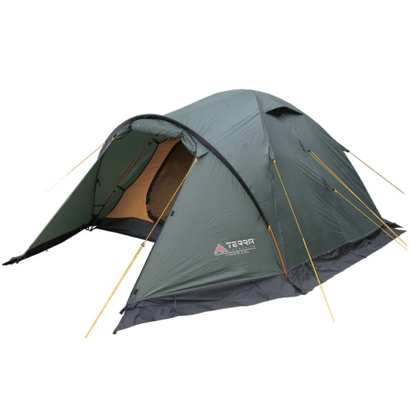 Load image into Gallery viewer, Dark green Canyon 3 mountain tent with dual-entrance vestibule on white background