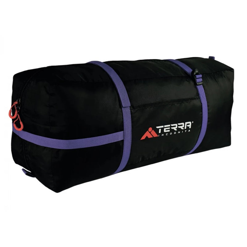 Load image into Gallery viewer, Black heavy-duty compression bag for Cresta 2 tent with purple tightening straps