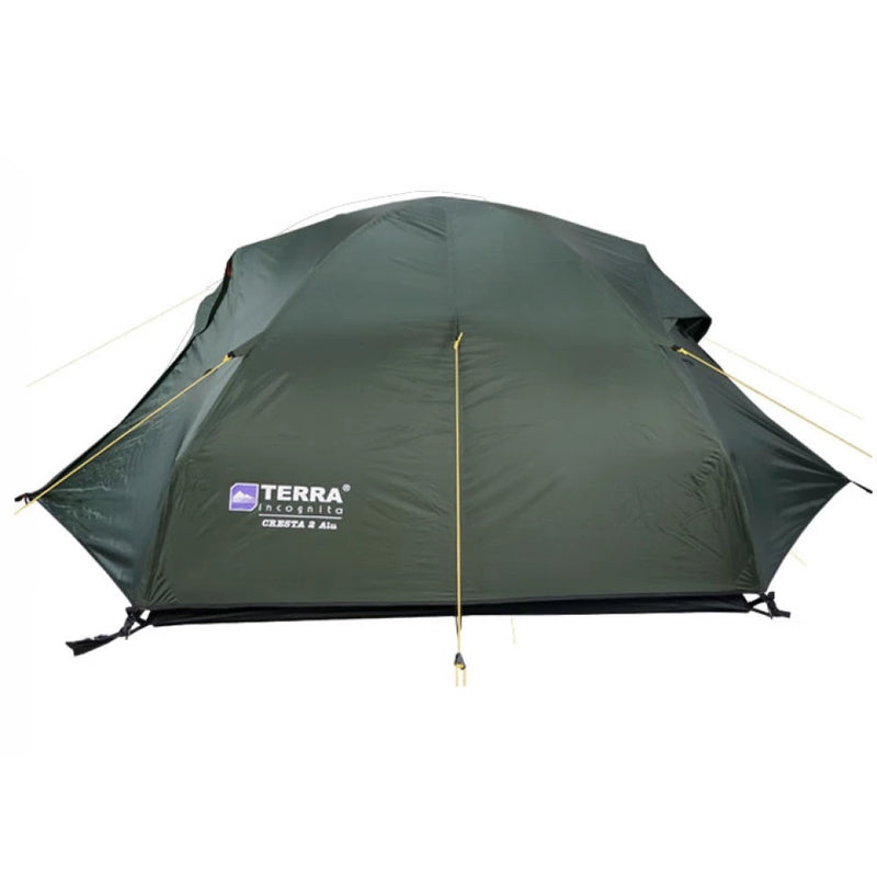 Load image into Gallery viewer, Front view of dark green Cresta 2 Alu tent with closed waterproof rainfly