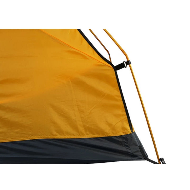 Load image into Gallery viewer, Close-up of yellow inner tent fabric attached to aluminum poles with plastic clip