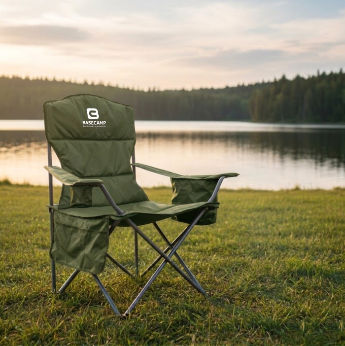 Load image into Gallery viewer, Green camping chair with 'Basecamp' logo by a lake at sunset