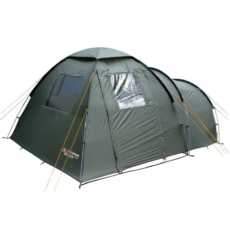 Load image into Gallery viewer, Exterior view of khaki Grand 5 tent with closed doors and clear plastic windows