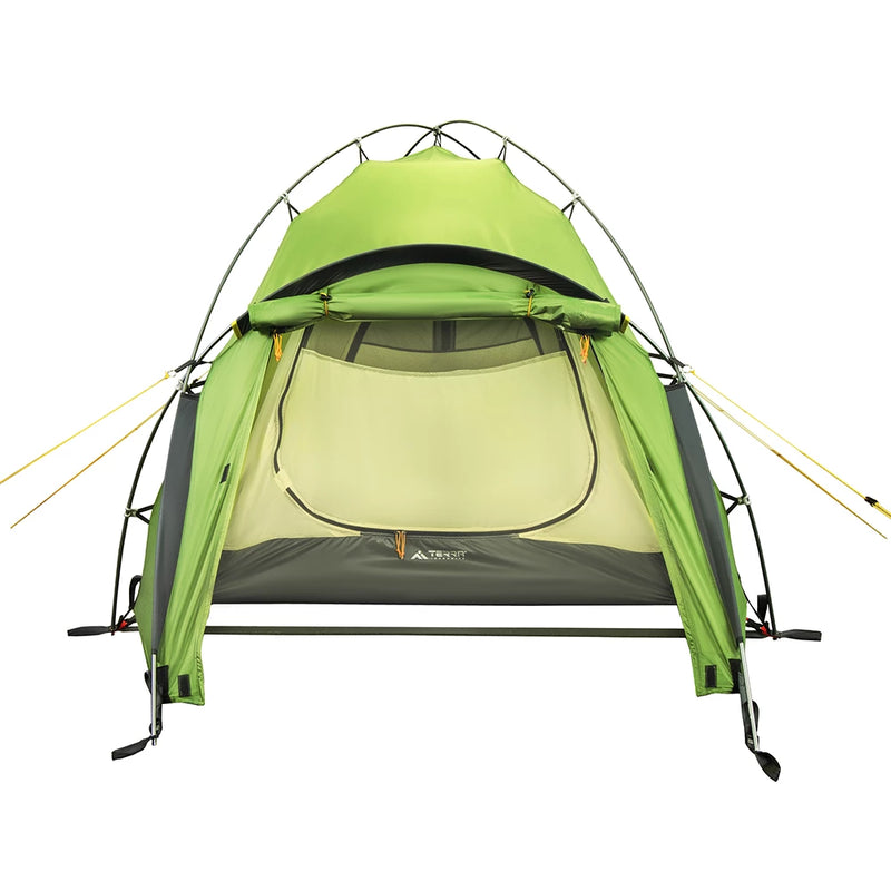 Load image into Gallery viewer, Front view of green Ksena 2 Lite tent showing open vestibule and mesh door