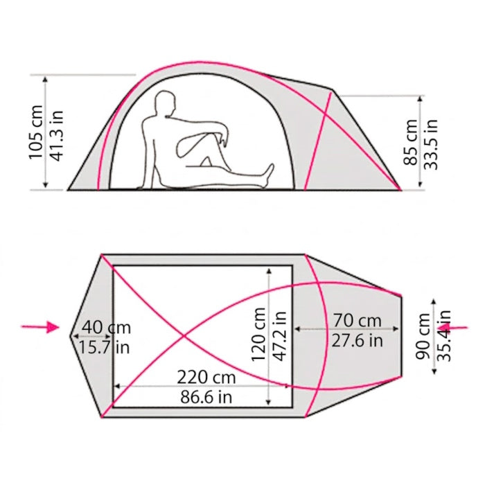 Load image into Gallery viewer, Size diagram for Ksena 2 Lite 2-person tent with floor area and peak height