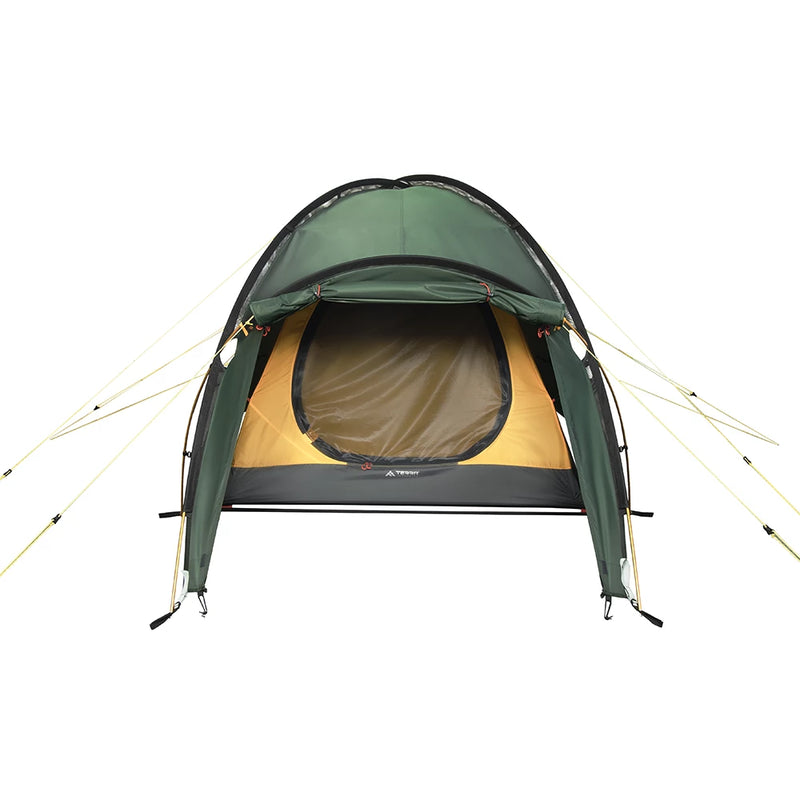 Load image into Gallery viewer, Front view of green Ksena 2 tent with an open vestibule showing the inner bedroom