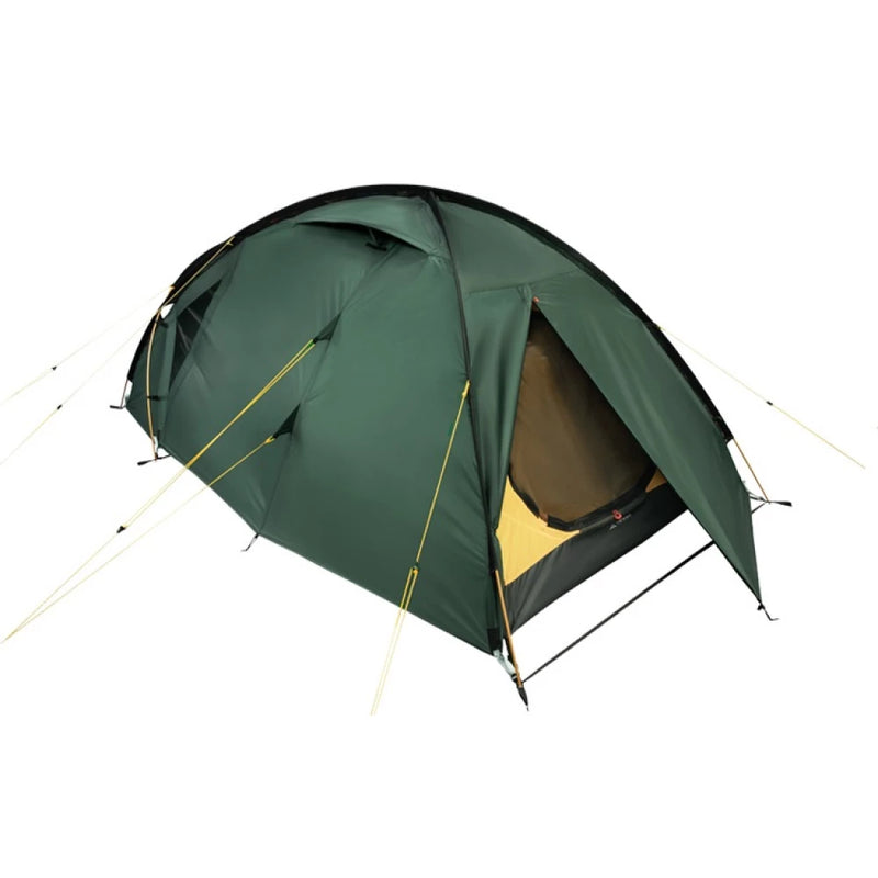 Load image into Gallery viewer, Green Ksena 3 tent with open side entrance showing orange breathable inner layer