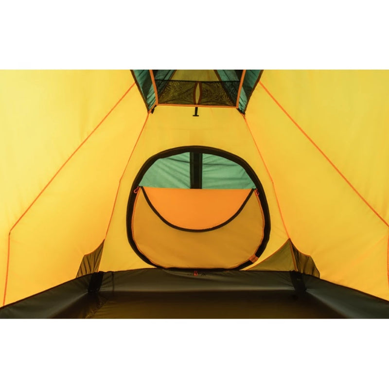 Load image into Gallery viewer, Inside view of Ksena 3 tent with an open mesh window on the orange inner wall