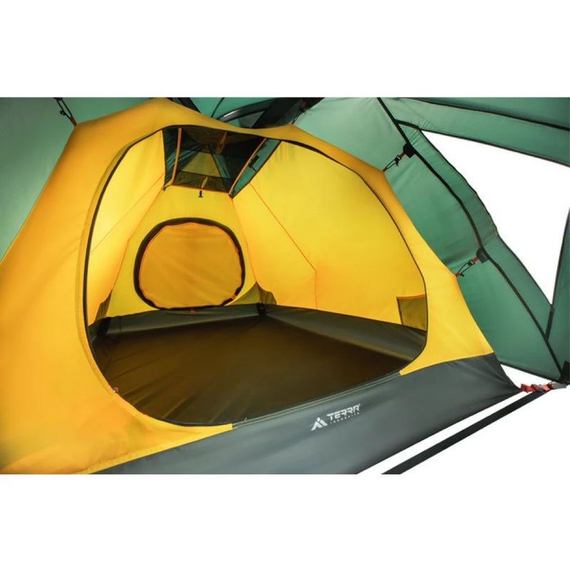 Load image into Gallery viewer, Interior view of green Ksena 3 tent showing yellow inner tent and sleeping floor