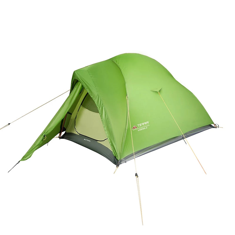 Load image into Gallery viewer, Light green 2-person mountain tent with open vestibule showing yellow inner room