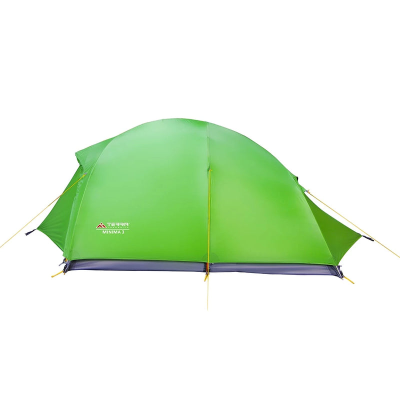 Load image into Gallery viewer, Side profile of light green Minima 3 tent with gray floor and closed entrances