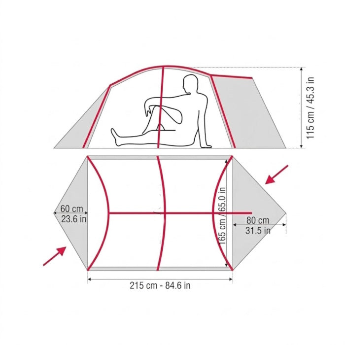 Load image into Gallery viewer, Dimensional drawing of Minima 3 tent showing 3-person floor space and peak height