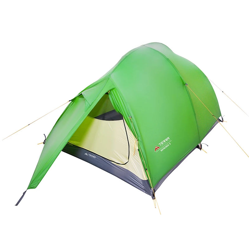 Load image into Gallery viewer, Green Minima 3 tent with open front vestibule showing yellow interior room