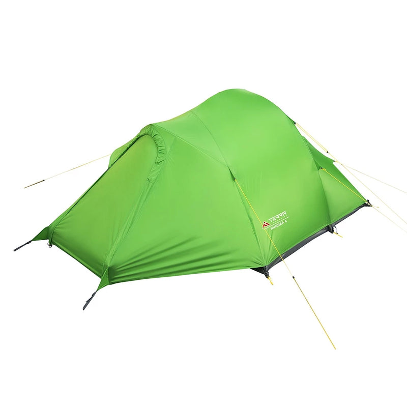 Load image into Gallery viewer, Closed light green 4-person tent with external aluminum frame and yellow ropes