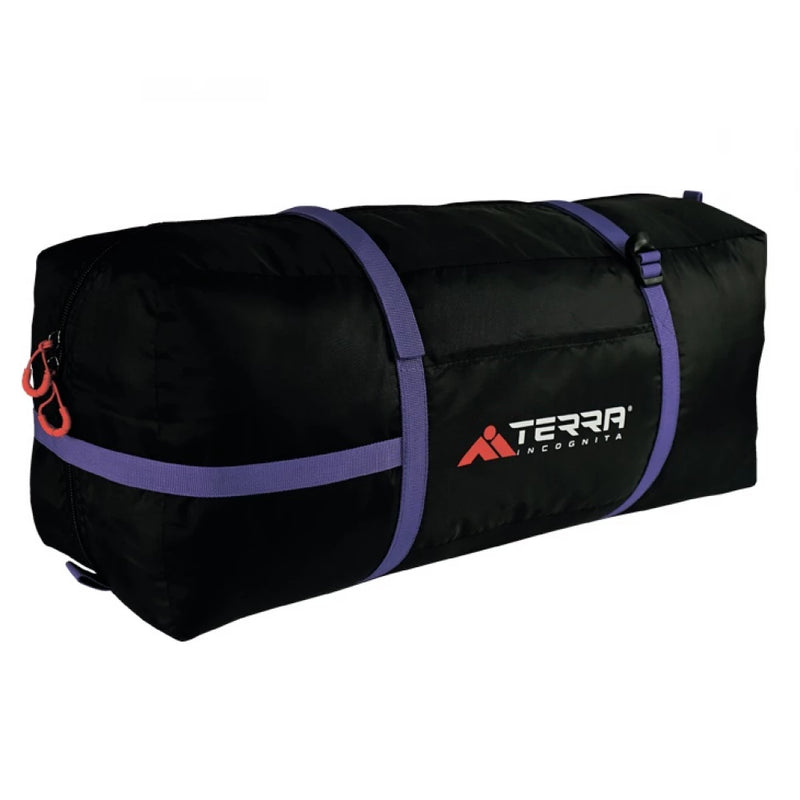 Load image into Gallery viewer, Black Terra Incognita tent carry bag with purple compression straps and zip