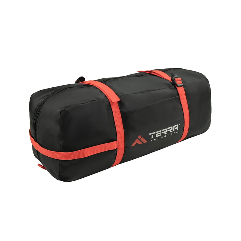 Load image into Gallery viewer, Black compression carrying bag for Ksena 2 tent with bright orange straps