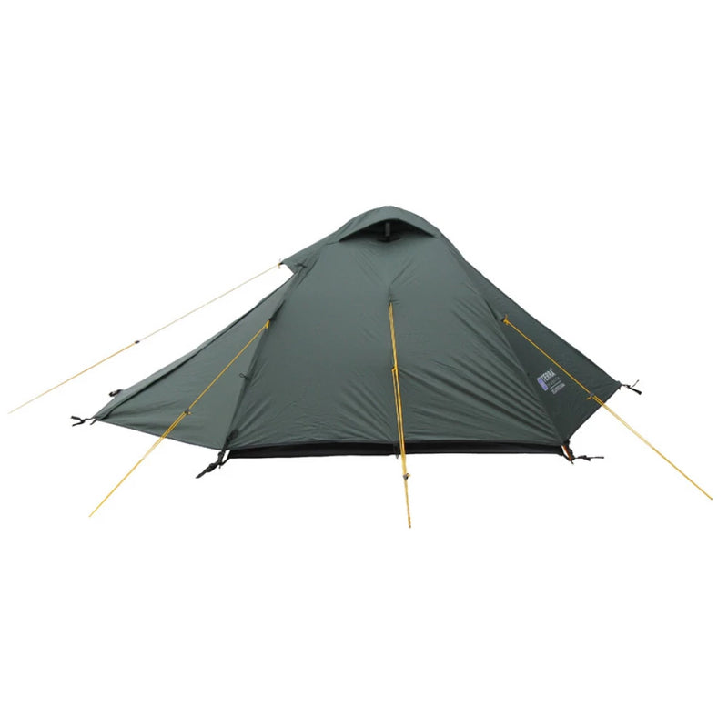 Load image into Gallery viewer, Side view of a closed dark green Platou 2 tent with tensioned guy lines.
