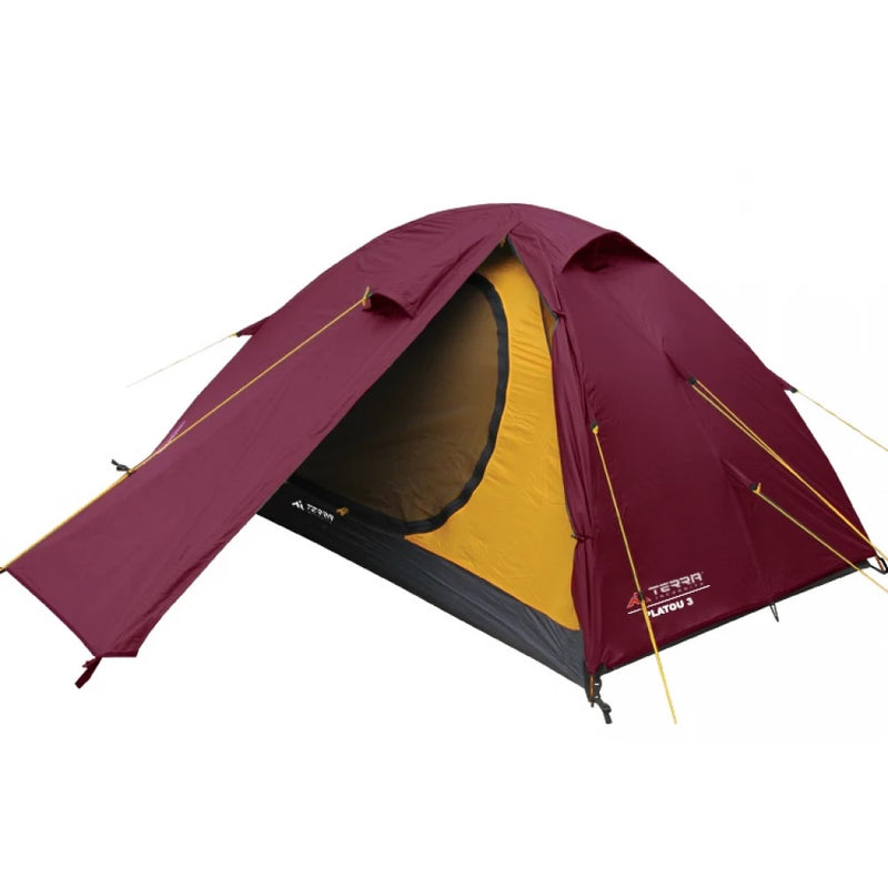 Load image into Gallery viewer, Burgundy and yellow 3-person tent with extended vestibule open, isolated view.