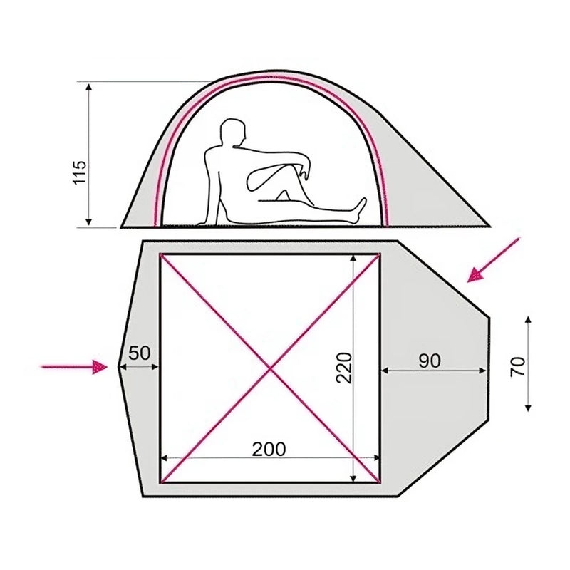 Load image into Gallery viewer, Technical floor plan and height chart showing dimensions for a 3-person tent.