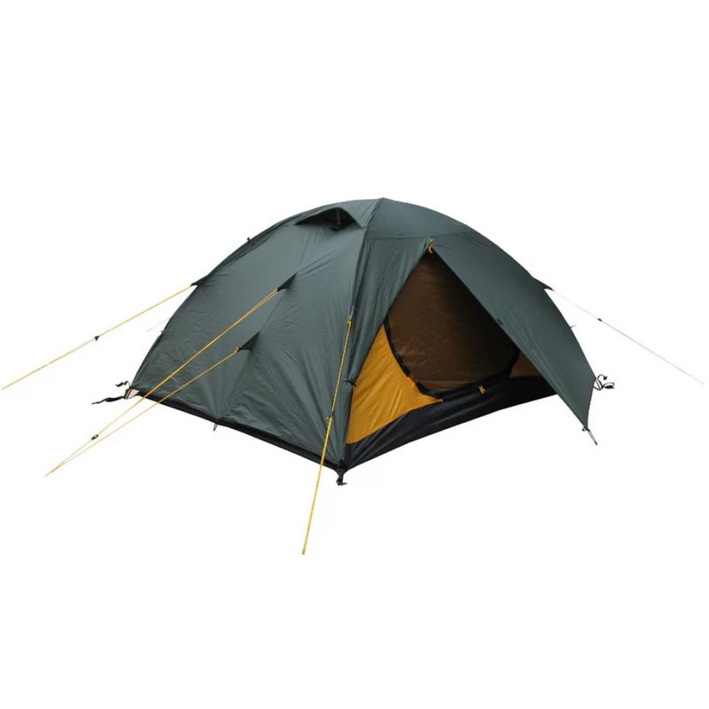Load image into Gallery viewer, Dark green 3-person tent with yellow inner wall and dual entrances, side view.