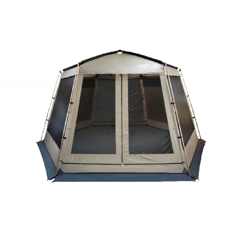 Load image into Gallery viewer, Hexagonal Terra Incognita Picnic camping gazebo with mesh walls and blue floor skirt