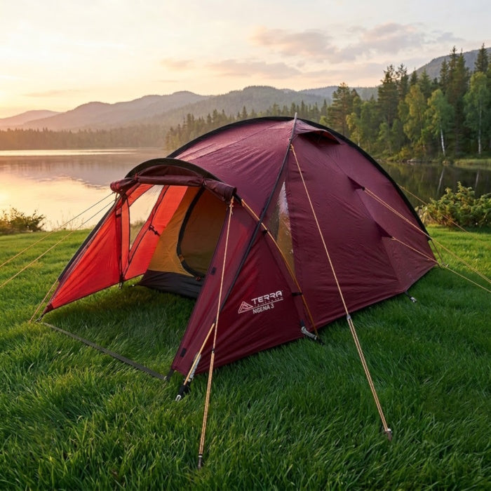 Load image into Gallery viewer, Cherry red Ksena 3 tent on a lakeshore with open vestibule at sunset forest