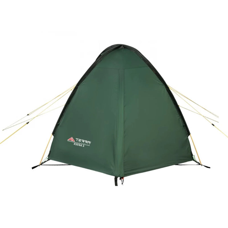 Load image into Gallery viewer, Rear view of green Ksena 3 tent with logo and tensioned yellow guylines