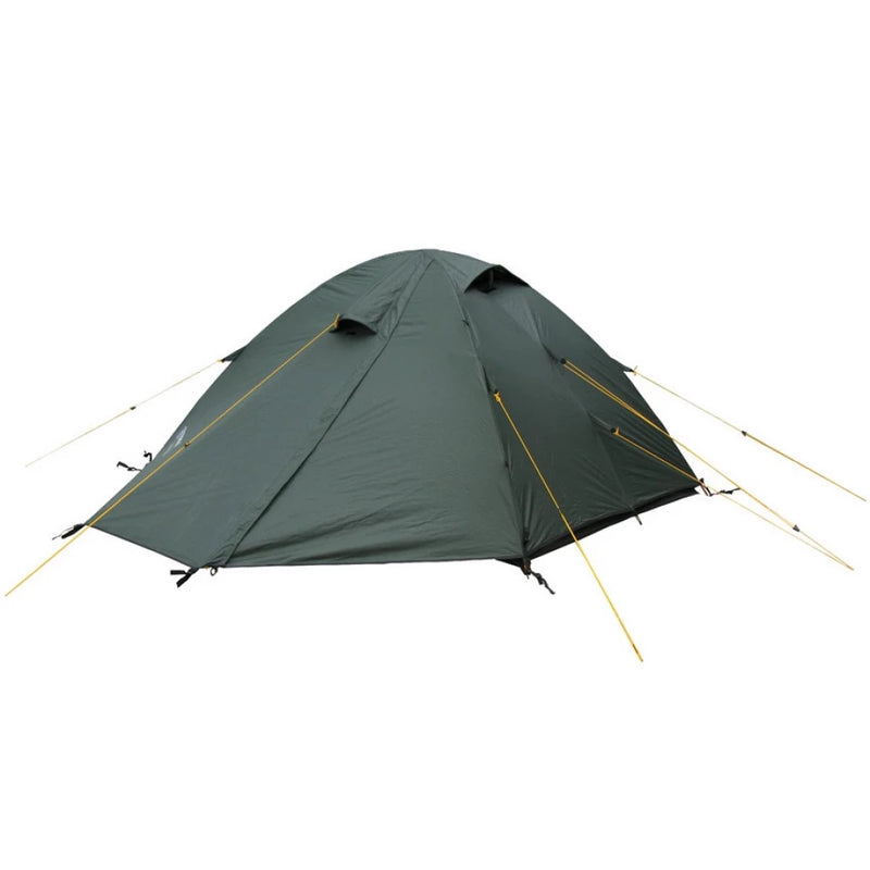 Load image into Gallery viewer, Dark green 3-person 4-season tent with yellow guy lines, isolated on white.