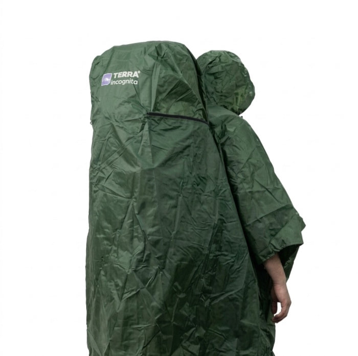 Load image into Gallery viewer, Close-up of a green rain poncho covering a large backpack and person in a hood