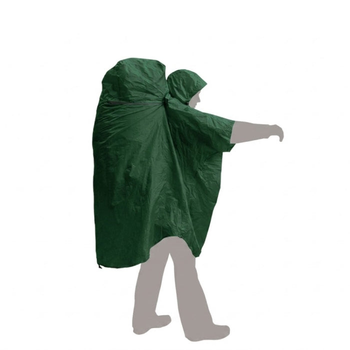 Load image into Gallery viewer, Green waterproof rain poncho covering a person and a large expedition backpack