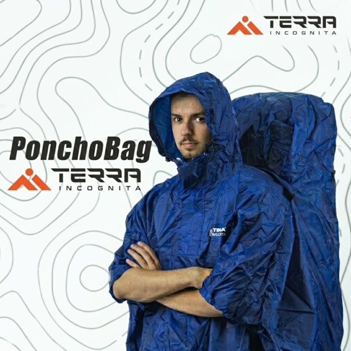 Load image into Gallery viewer, A man wearing a blue waterproof PonchoBag that covers both him and his backpack