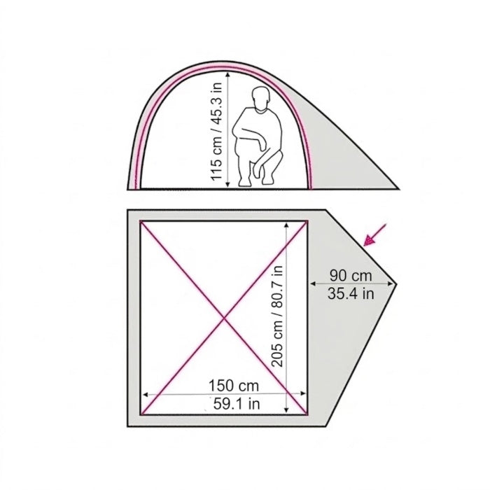 Load image into Gallery viewer, Size diagram of Alfa 2 tent: 150x205cm floor and 115cm height