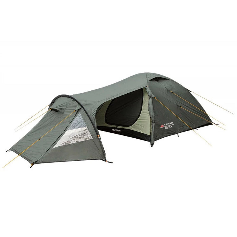 Load image into Gallery viewer, Fully assembled Geos 3-person tent in khaki with spacious front vestibule