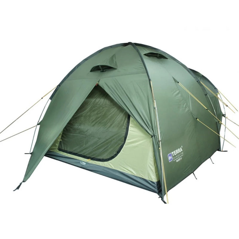 Load image into Gallery viewer, Khaki Oazis 5 tent, front quarter view, vestibule slightly open