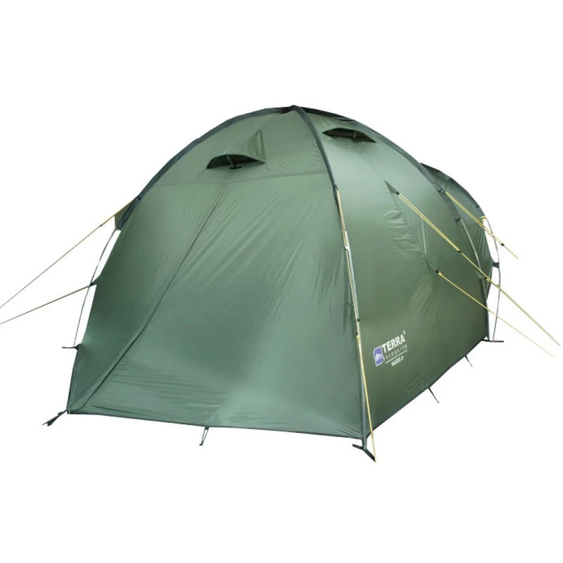 Load image into Gallery viewer, Rear quarter view of closed Khaki Oazis 5 camping tent