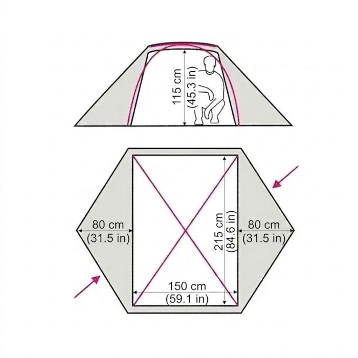 Load image into Gallery viewer, Omega 2 tent size: 215x150cm sleeping area and 115cm peak height diagram