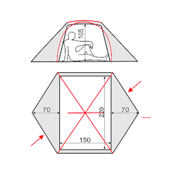 Load image into Gallery viewer, Stream 2 tent scheme: 220x150x105 cm with 70 cm vestibules layout