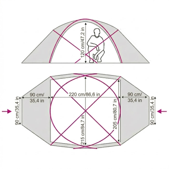 Load image into Gallery viewer, Technical dimensions of TopRock 4 tent, inner and outer size scheme