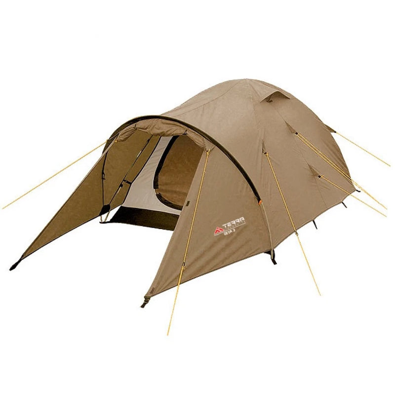 Load image into Gallery viewer, Zeta 2-3 person 3-season waterproof tent in Sand color, perspective view showing entrance