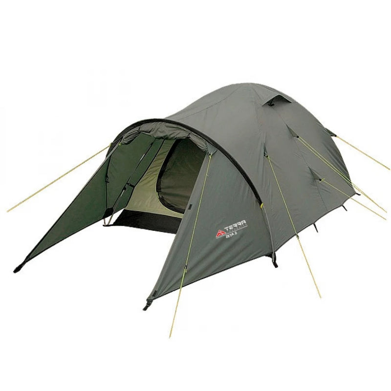 Load image into Gallery viewer, Zeta 2-person camping tent in Khaki color, full setup with rainfly and front vestibule