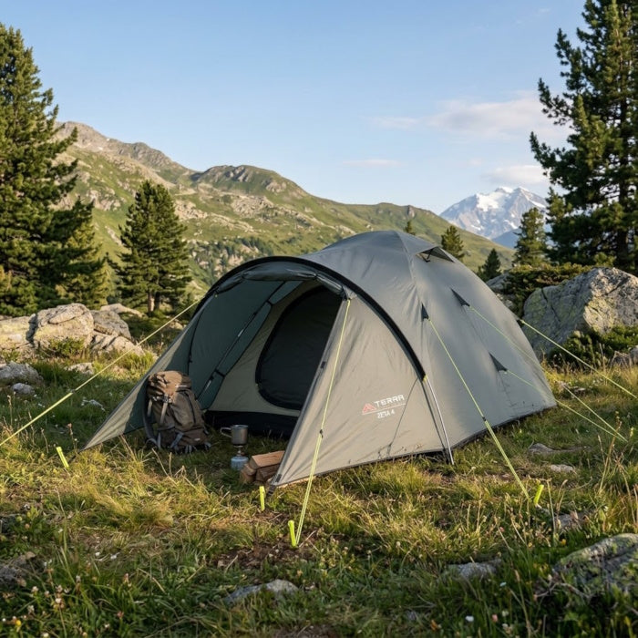 Load image into Gallery viewer, Zeta 4-person inner tent assembled showing fiberglass frame and door layout