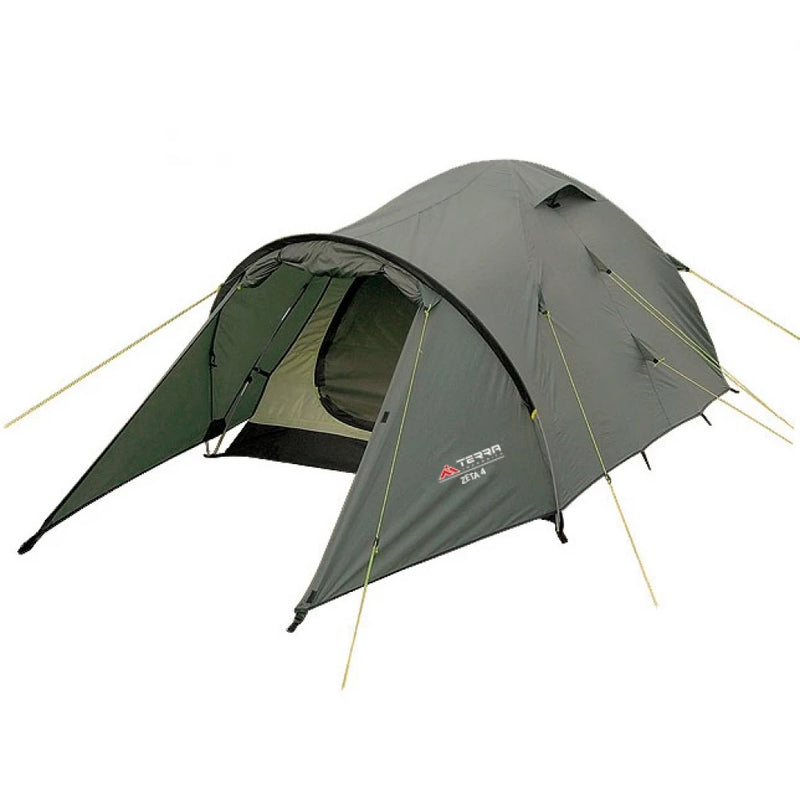 Load image into Gallery viewer, Zeta 4-person family camping tent with orange rainfly and large gear vestibule