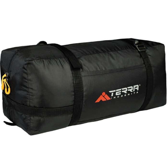 Load image into Gallery viewer, Black duffel bag with Terra Incognita logo on a white background