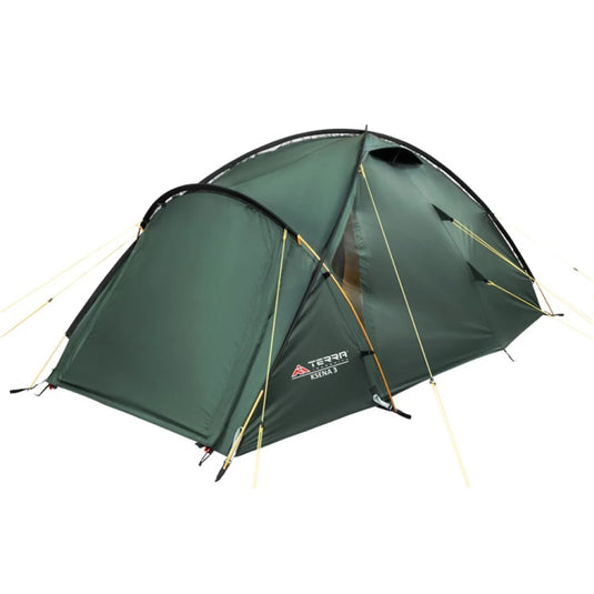 Dark green Terra Incognita Ksena 3 trekking tent with fully closed rainfly