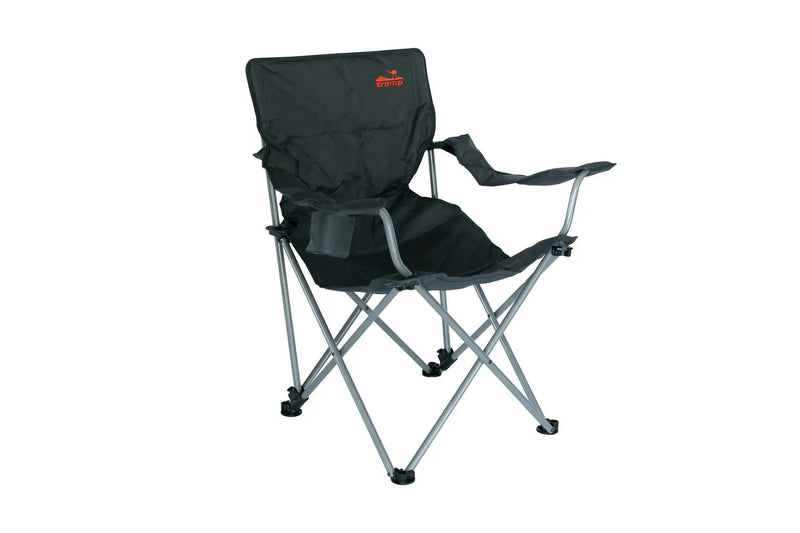 Load image into Gallery viewer, Black camping chair with armrests on a white background
